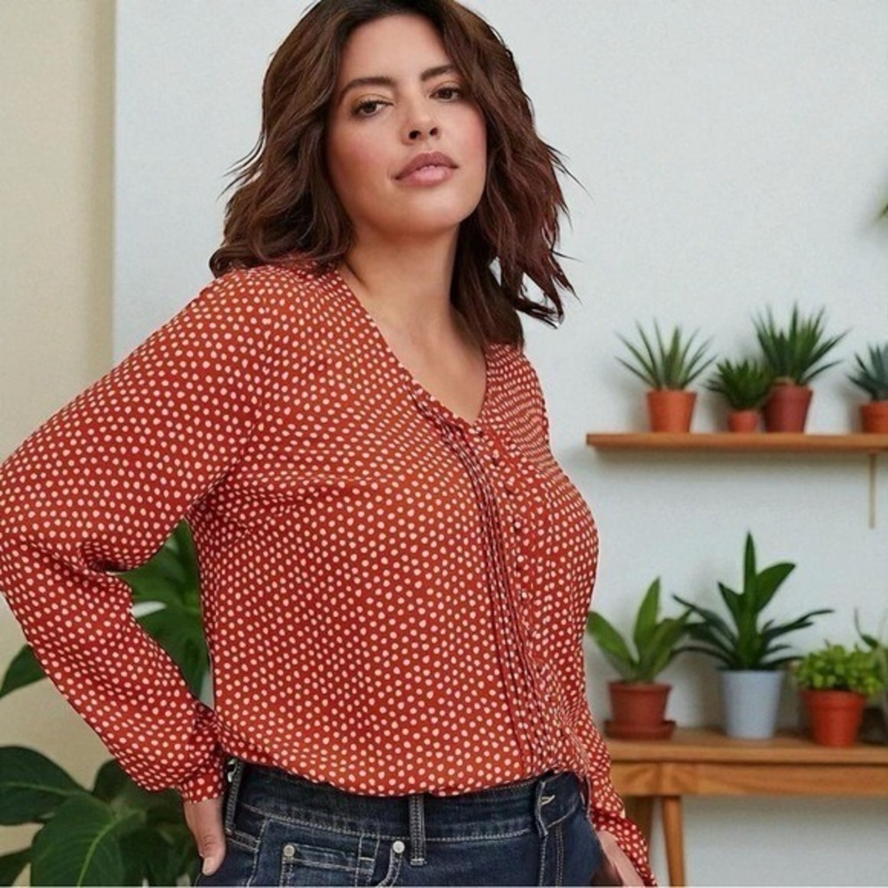 Torrid Orange and Pink Polka Dot Long Sleeve Blouse Milkmaid Cottagecore 2X